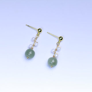 Buddha Gift Hetian Jade Flower Pattern 14K Gold Plated Luck Drop Dangle Earrings
