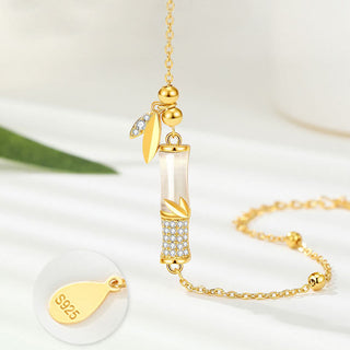 Buddha Gift 925 Sterling Silver 18K Gold Plated White Jade Bamboo Zircon Leaf Luck Bracelet