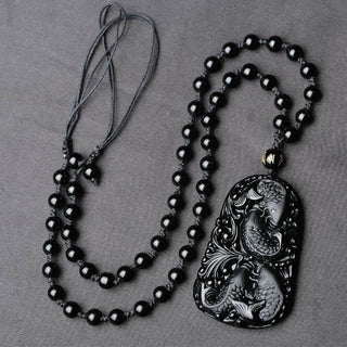 Buddha Gift Black Obsidian Koi Fish Engraved Strength Beaded Necklace Pendant