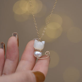 Buddha Gift 14K Gold Plated Pearl Hetian Jade Shell Luck Cat Kitten Necklace Pendant