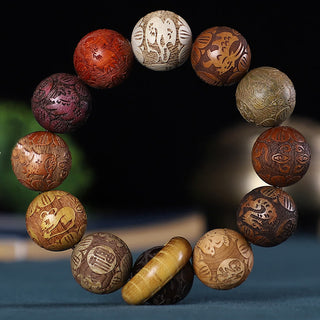 Buddha Gift Chinese Zodiac Rosewood Green Sandalwood Ebony Wood Copper Coin Carved Calm Bracelet