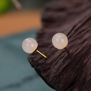 Buddha Gift 925 Sterling Silver Round White Jade Blessing Stud Earrings