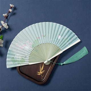 Buddha Gift Lotus Begonia Flower Jasmine Handheld Bamboo Folding Fan 21cm