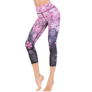 Buddha Gift Lotus Cherry Blossom Gradient Peacock Print Lycra Fabric Sports Cropped Leggings Women's Yoga Capri Pants