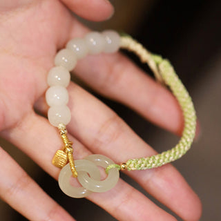 Buddha Gift Natural Hetian Jade Bead Double Peace Buckle Fu Character Abundance Braided Bracelet