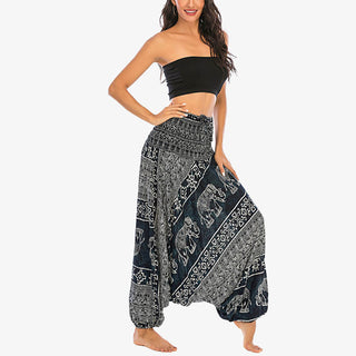 Buddha Gift Two Style Wear Elephant Pattern Loose Smocked Harem Trousers Jumpsuit Women's Yoga Pants