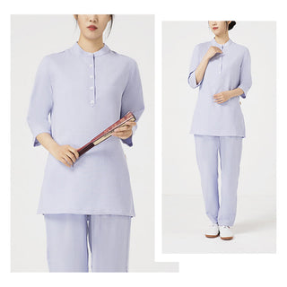 Buddha Gift 2Pcs Buttons Three Quarter Sleeve Shirt Top Pants Meditation Zen Tai Chi Cotton Linen Clothing Women's Set