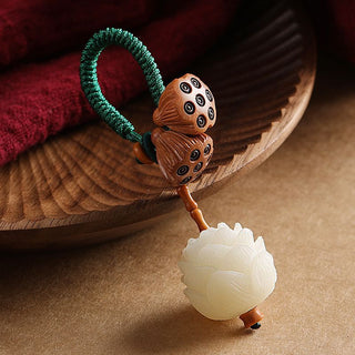 Buddha Gift Lotus Natural White Bodhi Seed Peach Wood Luck Keychain Decoration