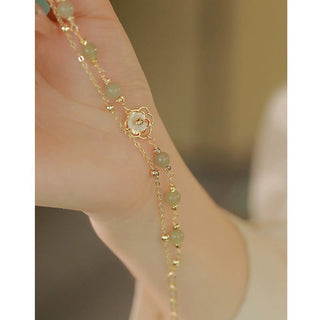 Buddha Gift 14K Gold Plated Jade Butterfly Tridacna Stone Flower Double Layer Luck Bracelet