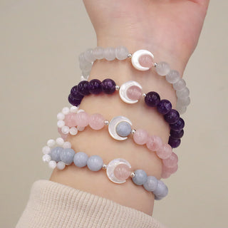 Buddha Gift 925 Sterling Silver Natural Amethyst Aquamarine Pink Crystal Cat's Eye Healing Crescent Moon Bracelet