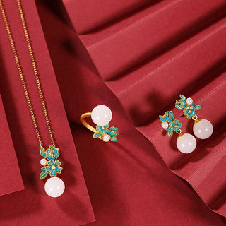 Buddha Gift White Jade 925 Sterling Silver Pearl Flower Blessing Necklace Pendant Ring Earrings
