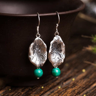 Buddha Gift 925 Sterling Silver Turquoise Lotus Leaf Protection Drop Dangle Earrings