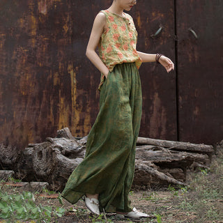 Buddha Gift Green Yellow Ramie Linen Flexible Waistband Wide Leg Pants With Pockets