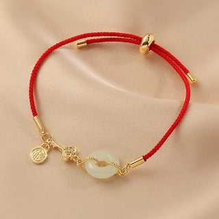 Buddha Gift 18K Gold Plated Hetian Jade Peace Buckle Fu Character Luck Red Rope Bracelet