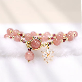 Buddha Gift Natural Strawberry Quartz Love Healing Maple Leaf Charm Double Wrap Bracelet