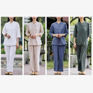 Buddha Gift 2Pcs Shirt Top Pants Meditation Zen Tai Chi Cotton Linen Clothing Women's Set