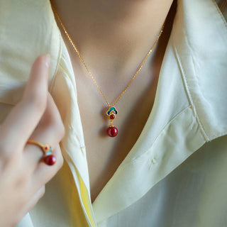 Buddha Gift 925 Sterling Silver Plated Gold Cinnabar Red Agate Blessing Necklace Pendant Earrings Ring Set