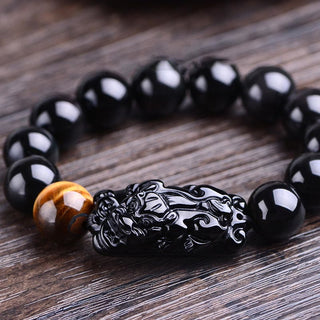 Buddha Gift Natural Black Obsidian PiXiu Tiger's Eye Strength Bracelet