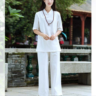 Buddha Gift 2Pcs Half Sleeve V-Neck Shirt Top Pants Meditation Zen Tai Chi Linen Clothing Women's Set