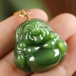 Buddha Gift 925 Sterling Silver Laughing Buddha Hetian Cyan Jade 18K Gold Success Necklace Chain Pendant