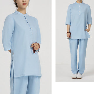 Buddha Gift 2Pcs Solid Color Three Quarter Shirt Top Pants Meditation Zen Tai Chi Cotton Linen Clothing Women's Set