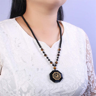 Buddha Gift Bagua Yin Yang Black Obsidian Purification Beaded Necklace Pendant