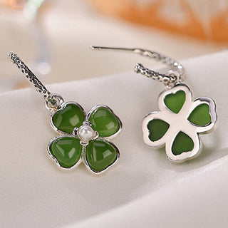 Buddha Gift 925 Sterling Silver Natural Cyan Jade Four Leaf Clover Luck Success Earrings