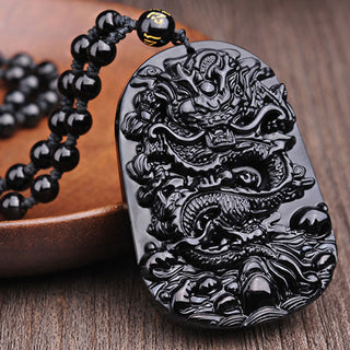 Buddha Gift Black Obsidian Stone Dragon Fulfilment Pendant Necklace