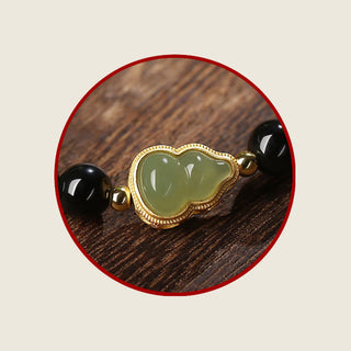 Buddha Gift Natural Black Obsidian Hetian Jade Gourd Double Happiness Strength Bracelet