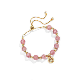 Buddha Gift 14K Gold Plated Natural Strawberry Quartz Fu Character Positive Charm Bracelet