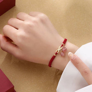 Buddha Gift Strawberry Quartz Crystal Endless Knot Love Healing Red String Weave Bracelet