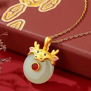 Buddha Gift 925 Sterling Silver Hetian Jade Chinese Zodiac Year of the Dragon Red Agate Luck Protection Necklace Pendant