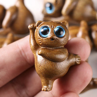 Buddha Gift Mini Green Sandalwood Dancing Cat Engraved Positive Desk Decorations