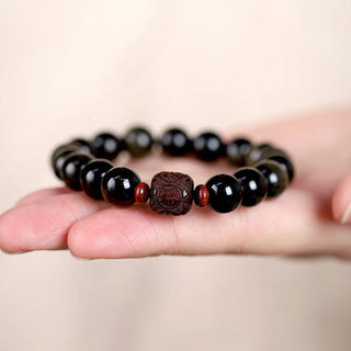 Buddha Gift Natural Gold Sheen Obsidian Rainbow Obsidian Om Mani Padme Hum Fu Character Healing Bracelet