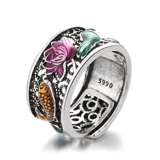 Buddha Gift Copper Blue Enamel Lotus Heart Sutra Koi Fish Luck Ring