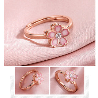 Buddha Gift 925 Sterling Silver Cherry Blossom Blessing Chain Bracelet Rotatable Ring