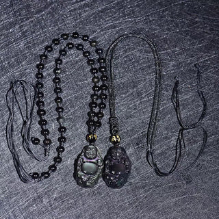 Natural Rainbow Obsidian Laughing Buddha Inner Peace Necklace Pendant