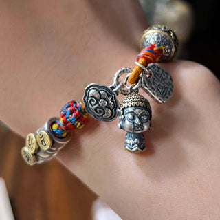 Buddha Gift Handmade Tibetan 925 Sterling Silver Chinese Zodiac Natal Buddha Zakiram Goddess of Wealth Protection Multicolored Rope Braided Bracelet