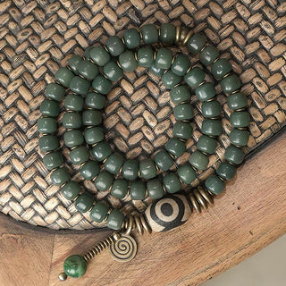 Buddha Gift Cyan Bodhi Seed Dzi Bead Wisdom Peace Triple Wrap Bracelet