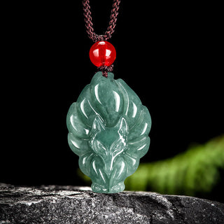 Buddha Gift Natural Green Jade Nine Tailed Fox Luck Necklace Pendant