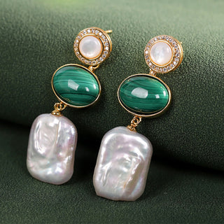 Buddha Gift 925 Sterling Silver Natural Baroque Pearl Malachite Healing Wisdom Drop Earrings