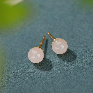 Buddha Gift 925 Sterling Silver Round White Jade Blessing Stud Earrings
