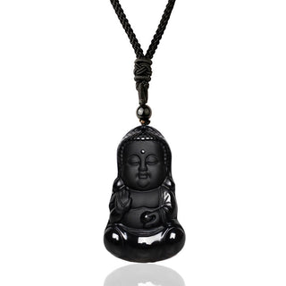 Buddha Gift Natural Black Obsidian Crystal Buddha Strength Protection Amulet Lucky Charm Pendant Necklace