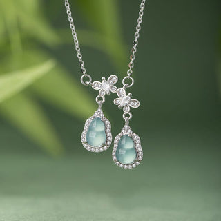 Buddha Gift 925 Sterling Silver Green Jade Double Gourd Butterfly Luck Necklace Pendant