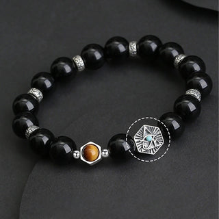 Buddha Gift 925 Sterling Silver Black Obsidian Tiger Eye Eye of Providence Purification Bracelet