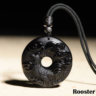 Buddha Gift Chinese Zodiac Natural Black Obsidian Peace Buckle Strength Necklace Pendant