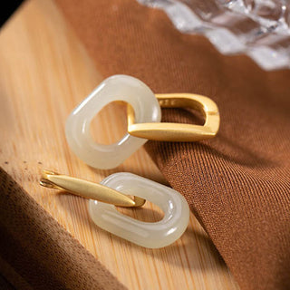 Buddha Gift 925 Sterling Silver Round White Jade Happiness Blessing Earrings