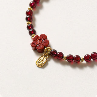 Buddha Gift 14K Gold Natural Garnet Cinnabar Flower Calm Bracelet