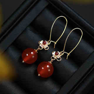 Buddha Gift 925 Sterling Silver Red Agate Flower Beaded Confidence Earrings
