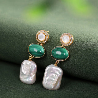 Buddha Gift 925 Sterling Silver Natural Baroque Pearl Malachite Healing Wisdom Drop Earrings